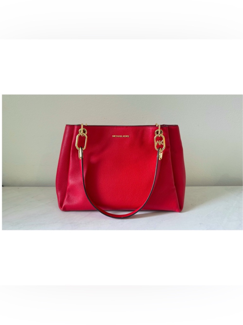 Michael Kors Red Pebble Leather Shoulder Tote with Gold Hardware